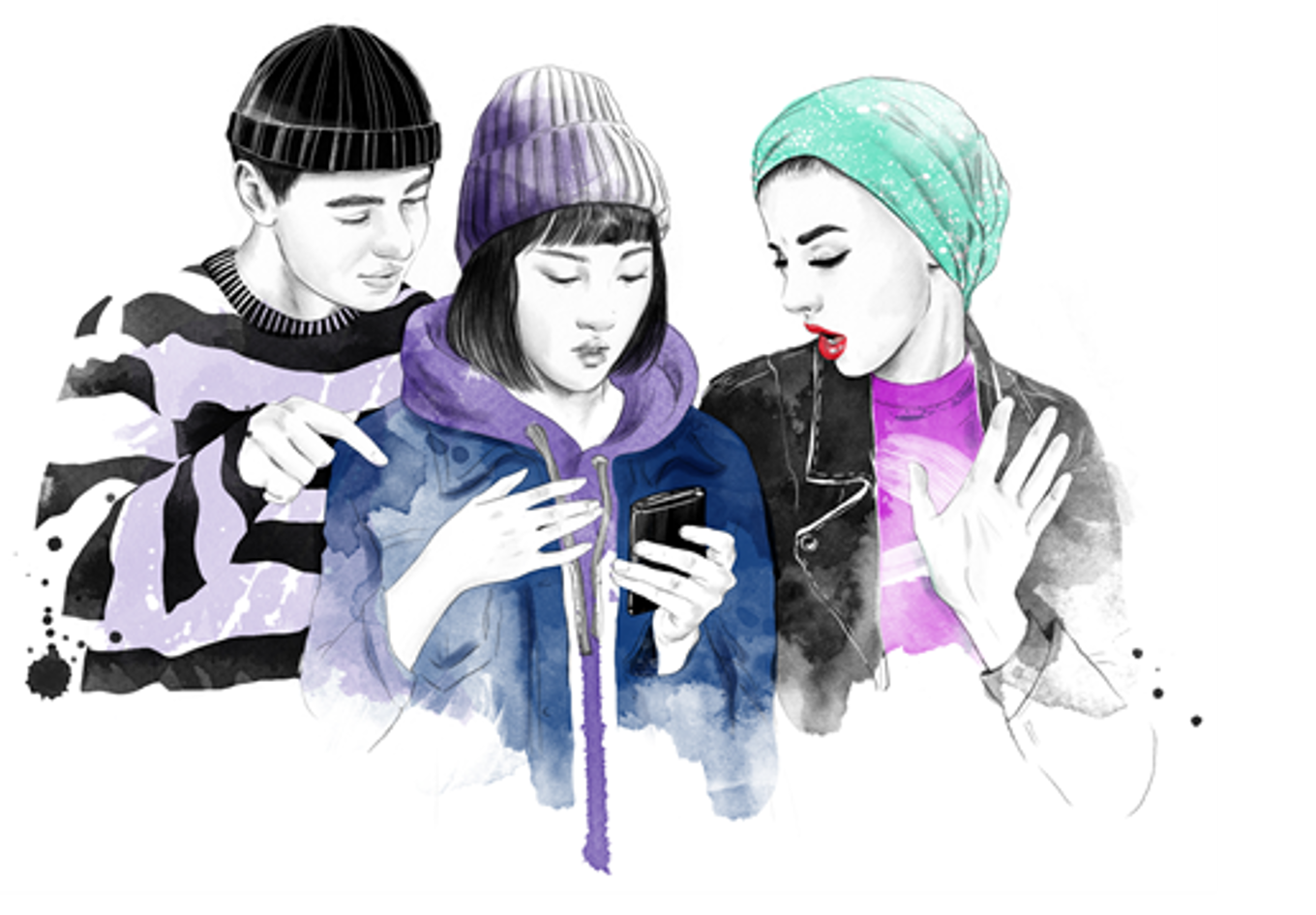 Akvarell illustrasjon av tre ungdommer, to som titter over skulderen til den i midten som ser på telefonen sin Akvarell illustrasjon av tre ungdommer, to som titter over skulderen til den i midten som ser på telefonen sin