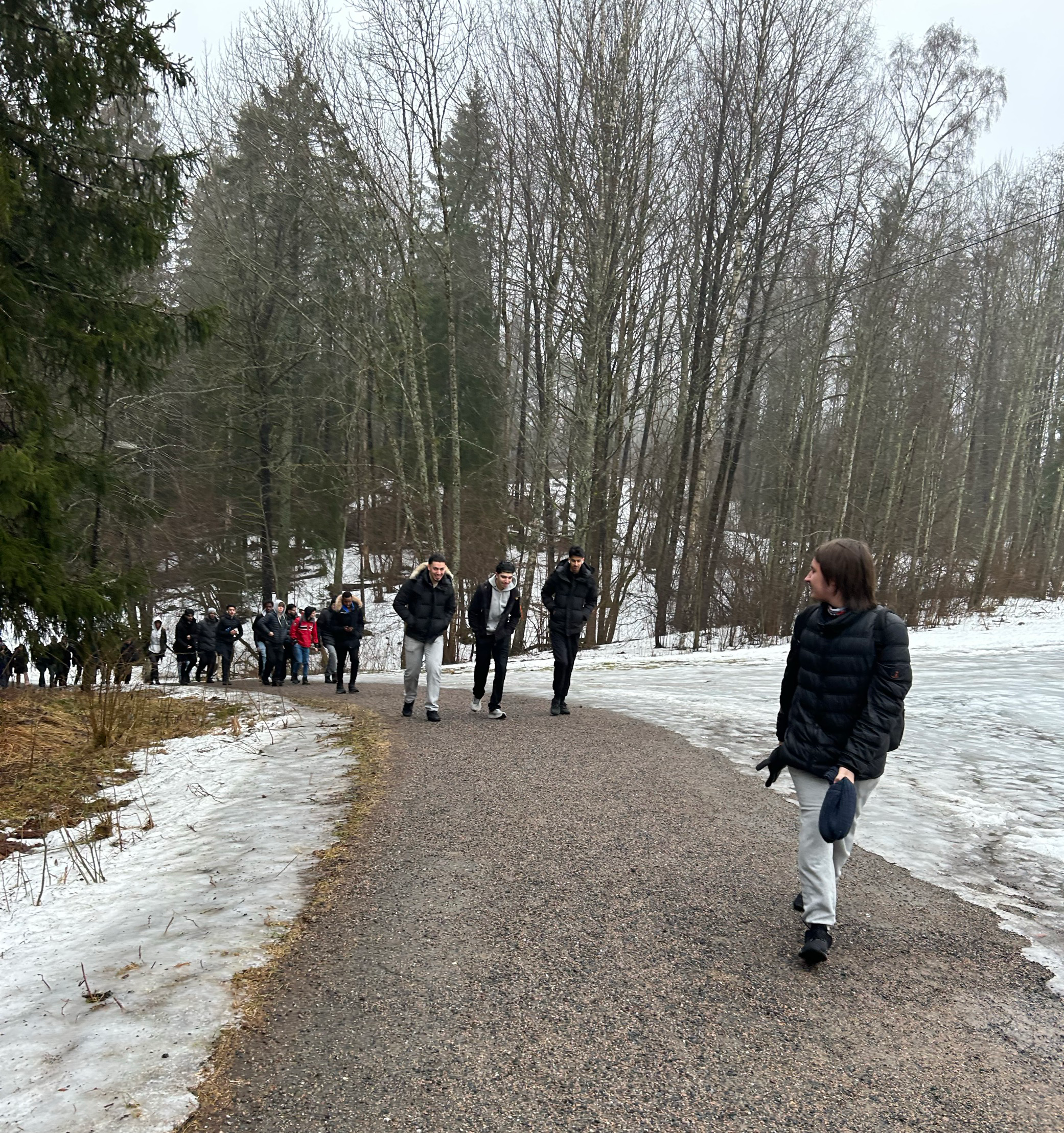 En gruppe mennesker som går på en sti i skogen